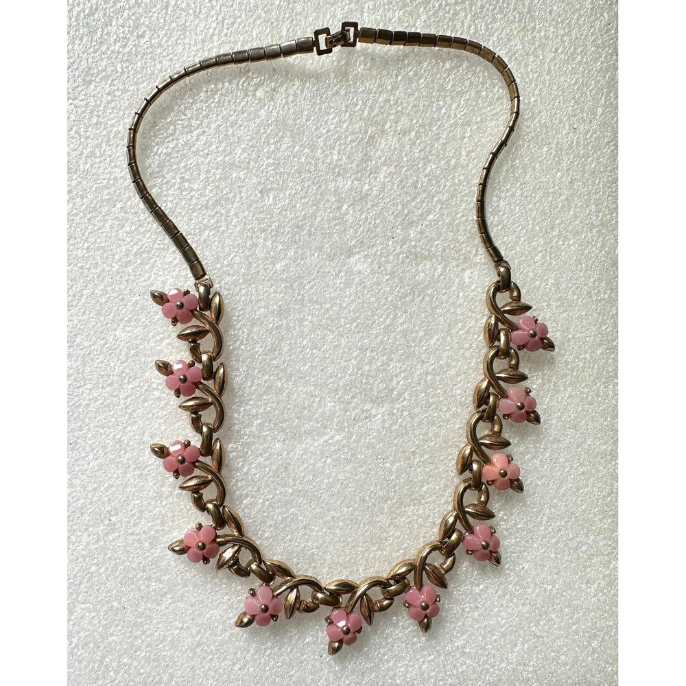 Trifari Pink Flower Necklace Gold Tone Vintage